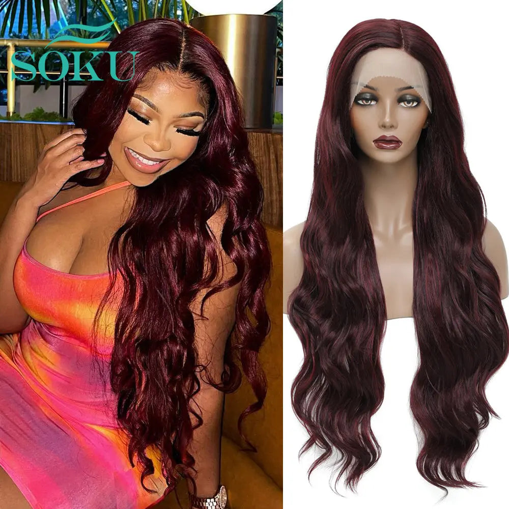 SOKU Burgundy Synthetic Lace Front Wig For Women